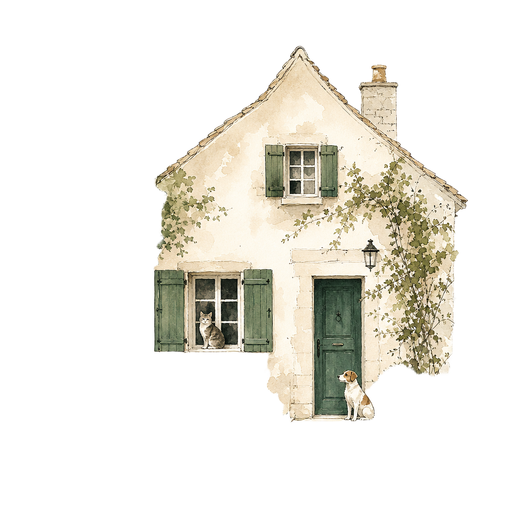 Illustration gouache d'un cottage en pierre avec un chat à la fenêtre et un chien à la porte.