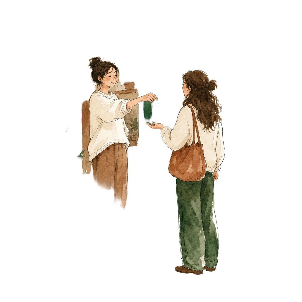 Illustration gouache de deux personnes qui se serrent la main autour d'une table, un chat et un chien à leurs côtés.