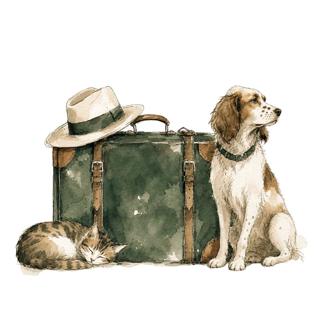 Illustration gouache d'une valise vintage prête au départ avec un chat et un chien à côté.