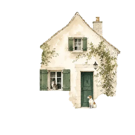 Illustration gouache d'un cottage en pierre avec un chat à la fenêtre et un chien à la porte.