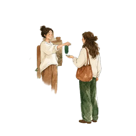 Illustration gouache de deux personnes qui se serrent la main autour d'une table, un chat et un chien à leurs côtés.