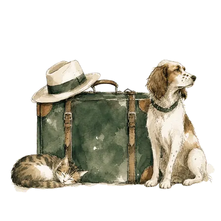 Illustration gouache d'une valise vintage prête au départ avec un chat et un chien à côté.