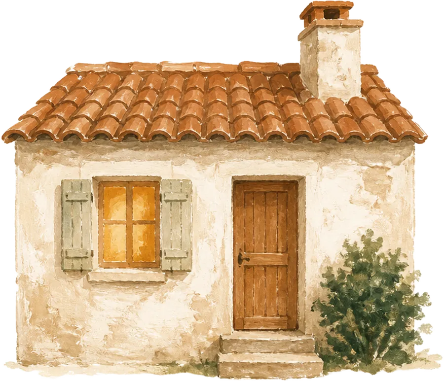 Illustration à la gouache d'une maison de village aux volets clairs, une fenêtre allumée et un buisson près de la porte.