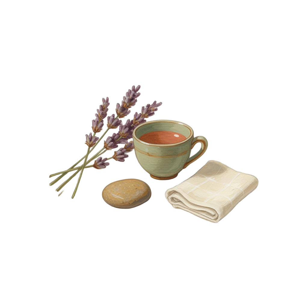 Tasse en céramique, brin de lavande et galet — illustration gouache