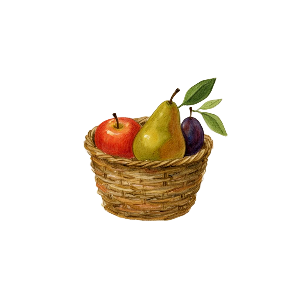 Panier en osier rempli de fruits frais — illustration gouache