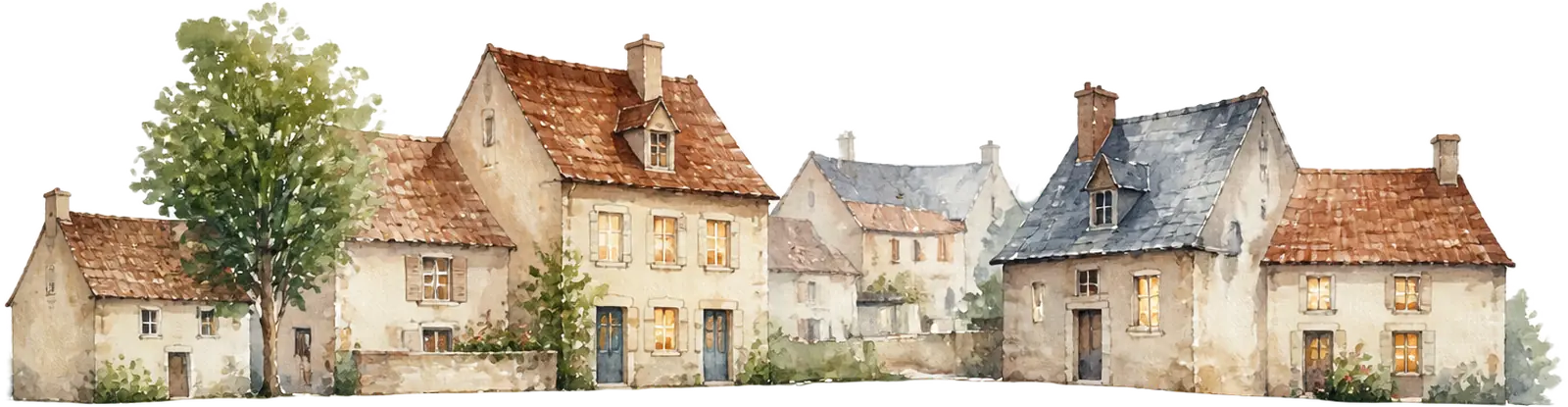 Illustration à la gouache d'une rangée de maisons de village aux toits de tuiles, quelques fenêtres allumées et un arbre.
